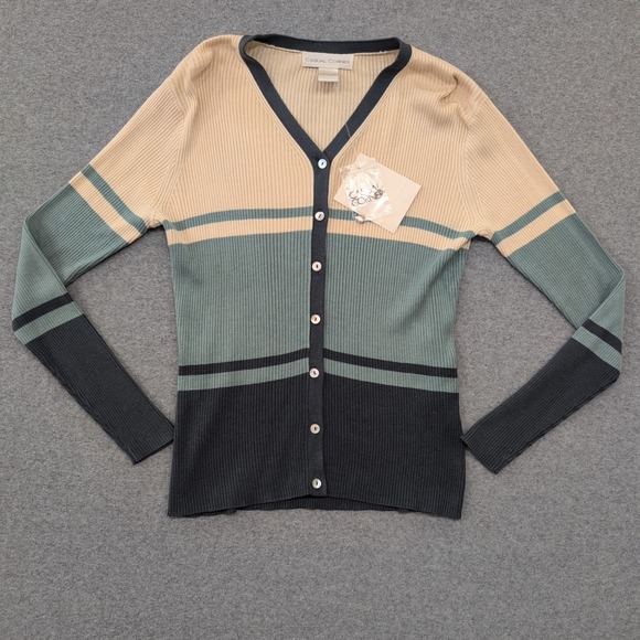 Casual Corner Sweaters - CASUAL CORNER 100% Silk Ribbed Striped Button Front Cardigan Sweater Small